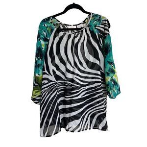 Chicos Top Womens SZ 2 L US 12 Multicolor Zebra Fleur Harper 3/4 Sleeve Blouse